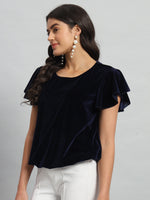 Short Sleeves Ruffles Stylish Party Top Navy Blue