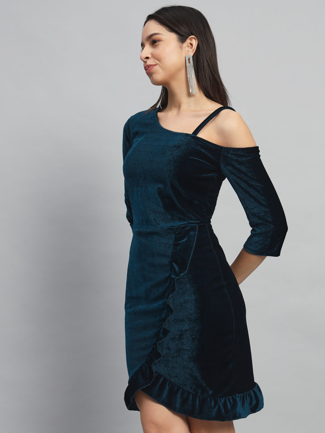 One Shoulder Bodycon Half sleeves Party Dress Peacock Blue