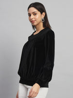 Round Neck Puff Sleeves Blouson Top Black