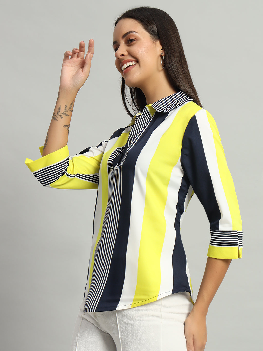 Crepe V-Neck Collared Quarter Sleeves Tops Dark Yellow