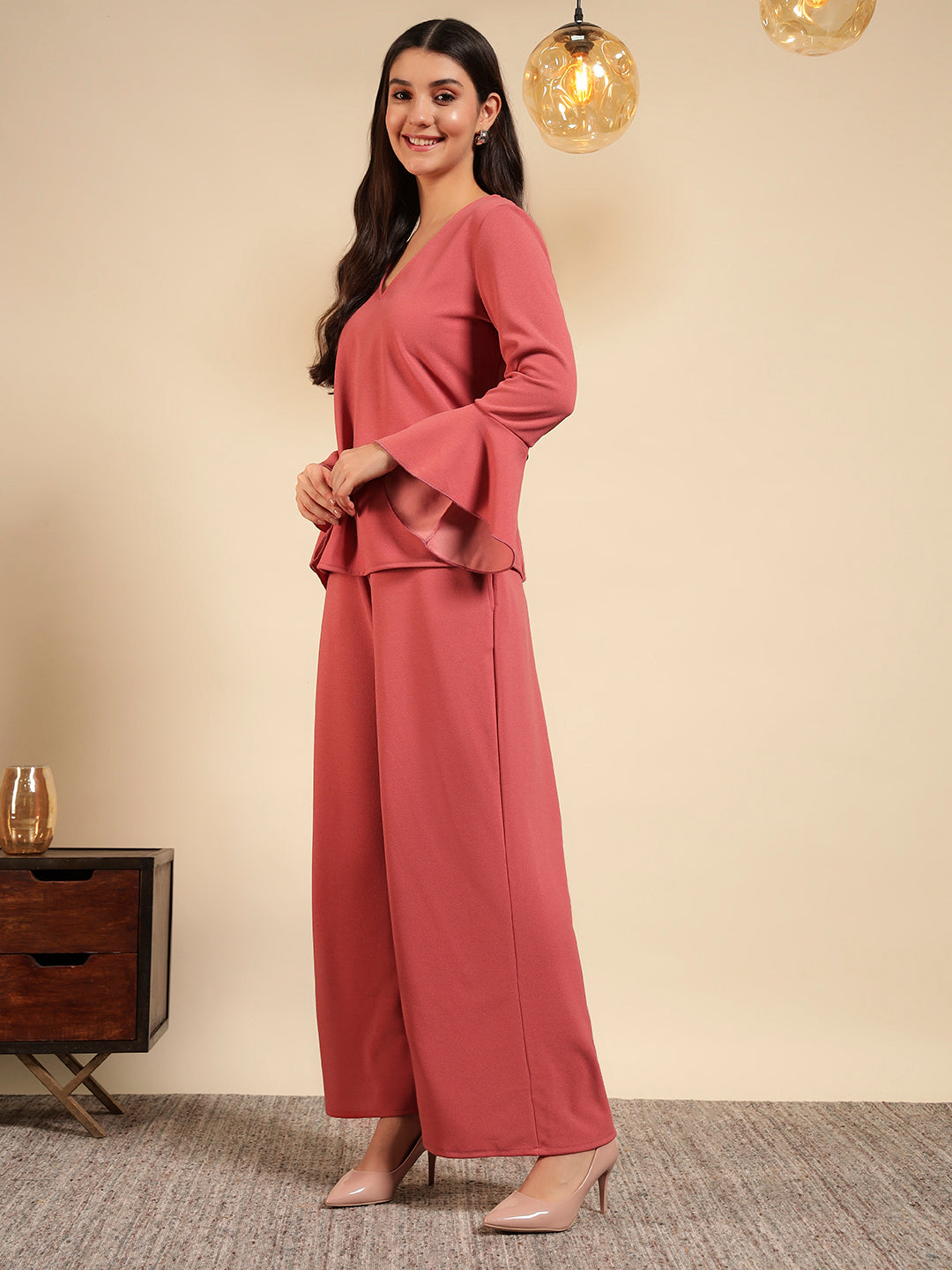 Flared Sleeve Top & Wide-Leg Pants Co-ord Set