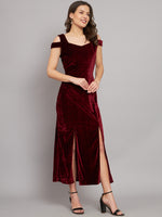 Maxi Style Cold Shoulder Bodycon Party Dress Maroon