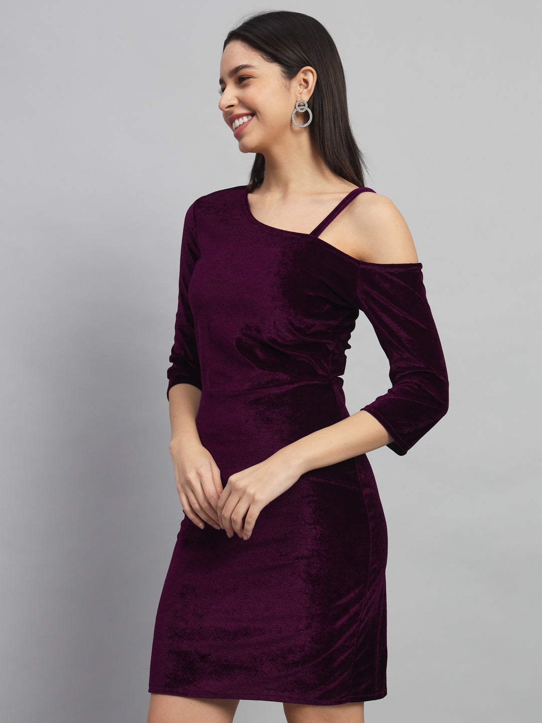 Velvet One Cold Shoulder Bodycon Party Dress Wine