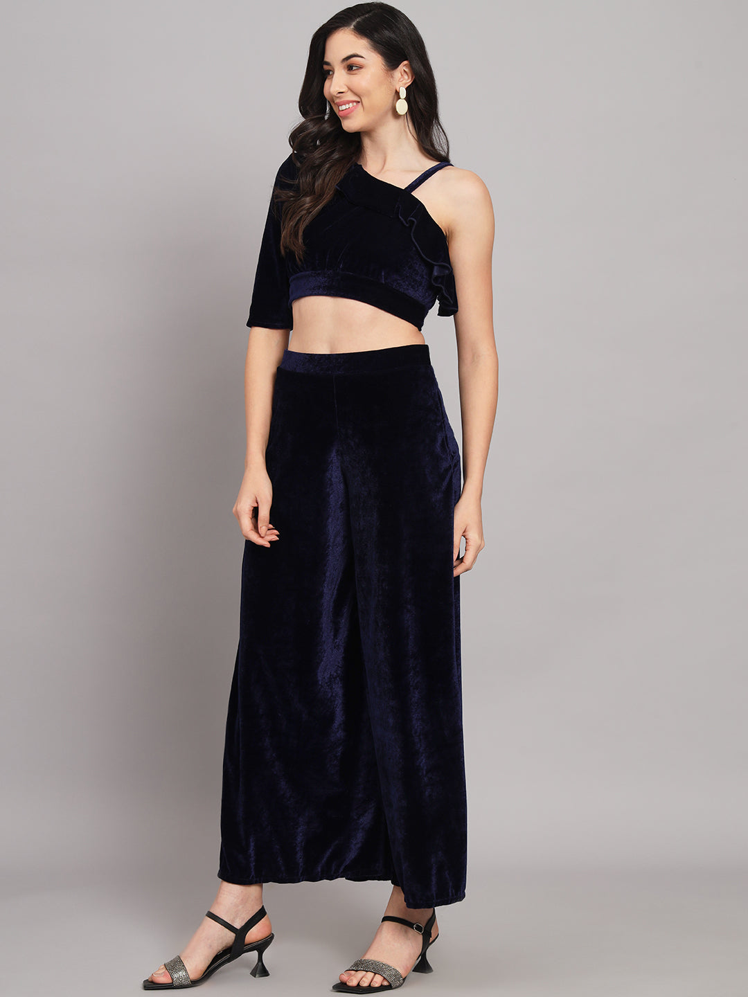 One Sleeve Crop Top with Palazzo Party Co-Ord Set Navy Blue