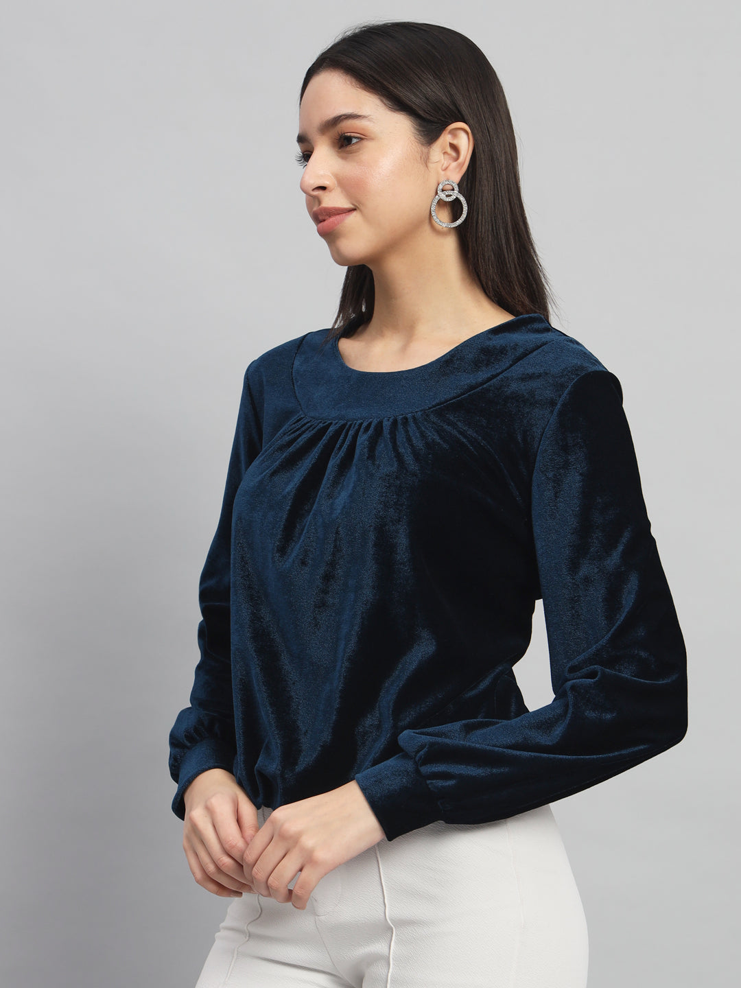 Round Neck Puff Sleeves Blouson Top Peacock Blue