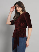 Half Sleeeves Front Tie Waistband Party Top Maroon