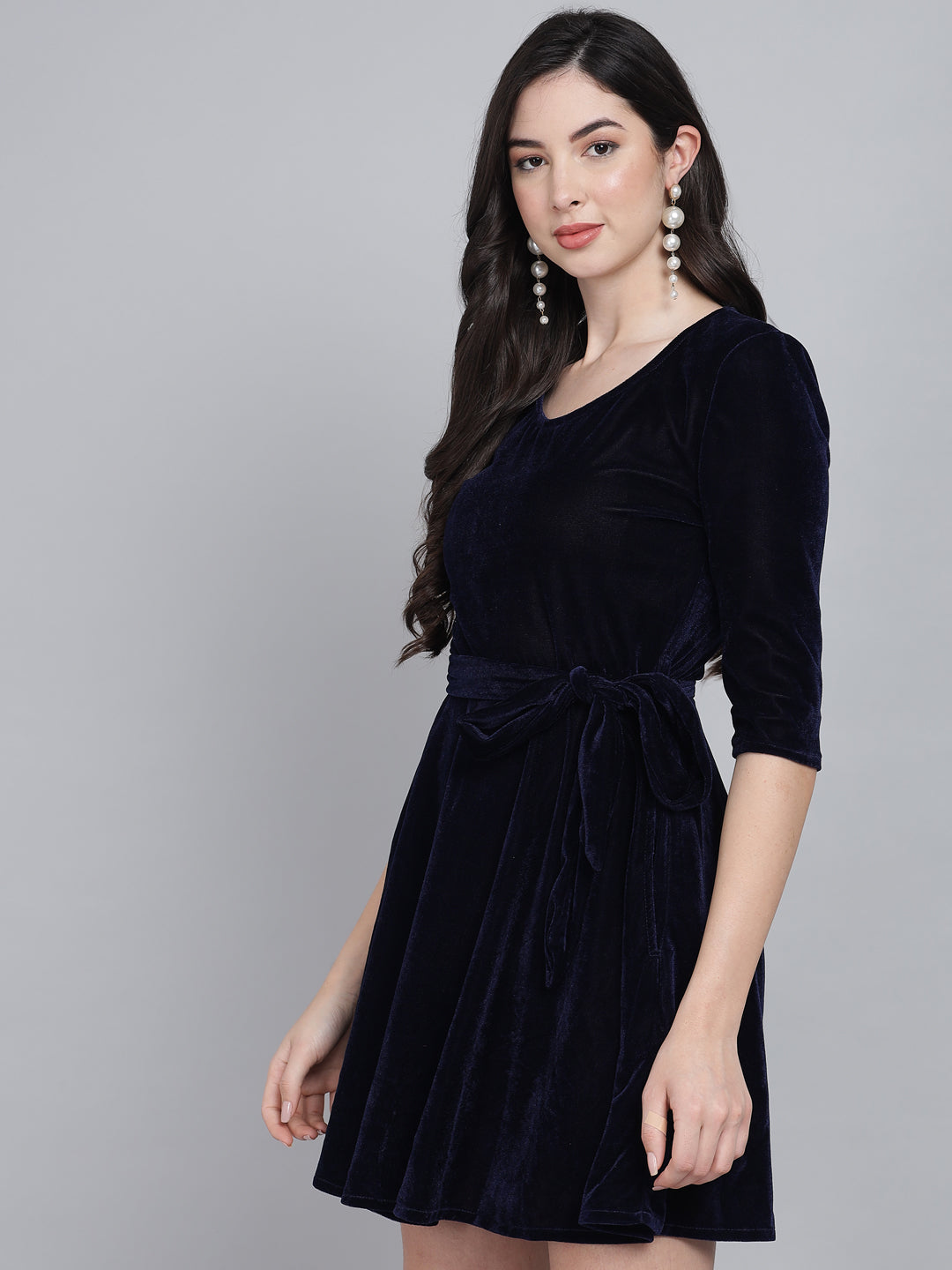 Tie-Ups Velvet A-Line Dress with Side Pockets