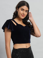 Velvet Flared Sleeves Readymade Party Blouse Navy Blue