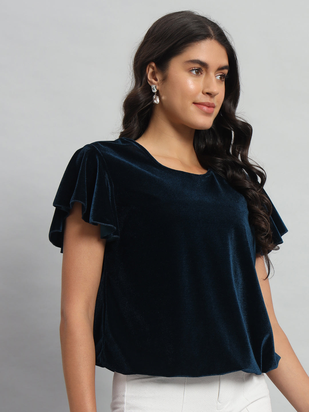 Short Sleeves Ruffles Stylish Party Top Peacock Blue