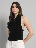 Halter Neck Top Velvet Sleeveless Party Outfit Black