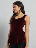 Waistline Ruffle Sleeveless Party Top Sporty Maroon