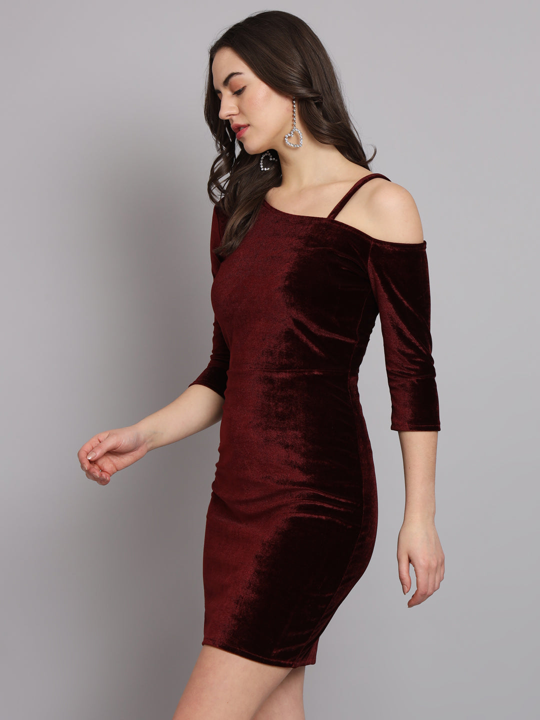 Velvet One Cold Shoulder Bodycon Party Dress Maroon