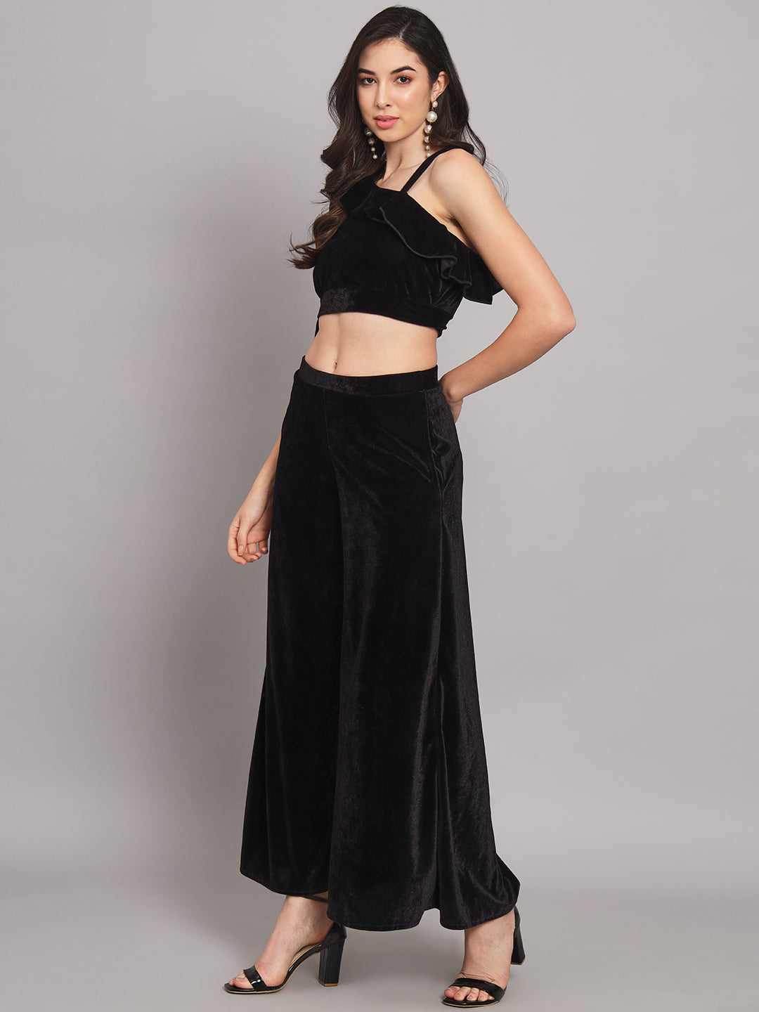 One Sleeve Crop Top with Palazzo Party Co-Ord Set Black