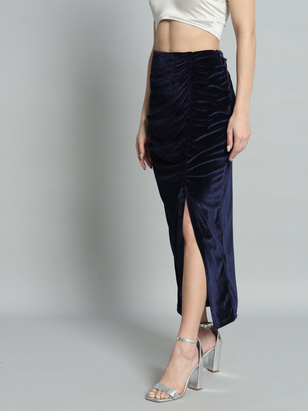 Ankle Length Long Ruched Party Skirt Navy Blue