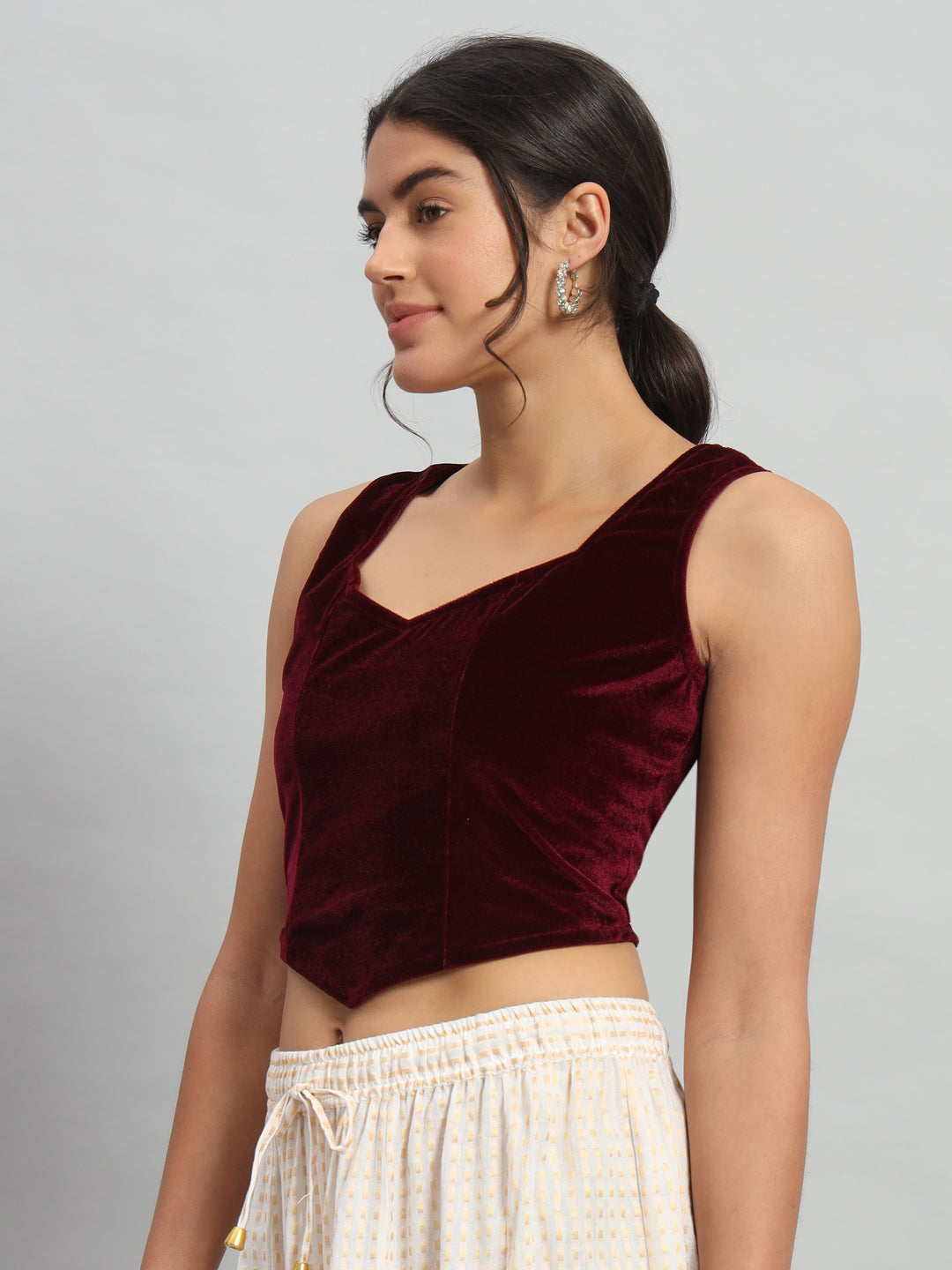 Velvet Sleeveless Readymade Party Blouse Wine