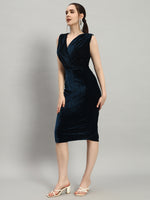 Deep V-Neck Shiny Velvet Sleeveless Party Dress Peacock Blue