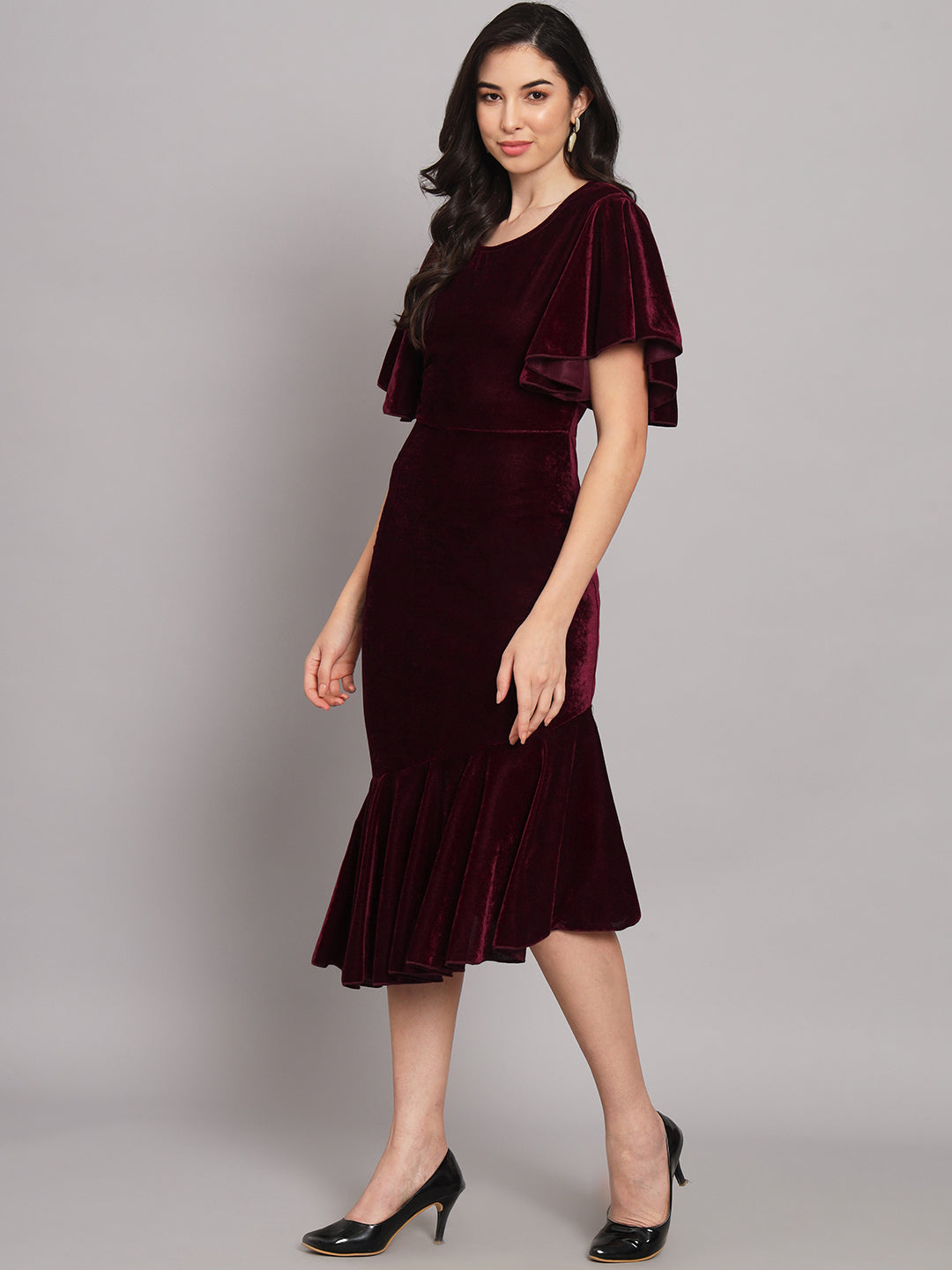 Velvet Fabric Fish Cut Ruffle Bottom Bodycon Party Midi Dress Wine