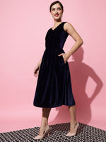 A-Line Velvet V-Neck Tops Sleeveless Party Dress Navy Blue