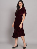 Ruffle Sleeves Fish Cut Velvet Party Dress Wine