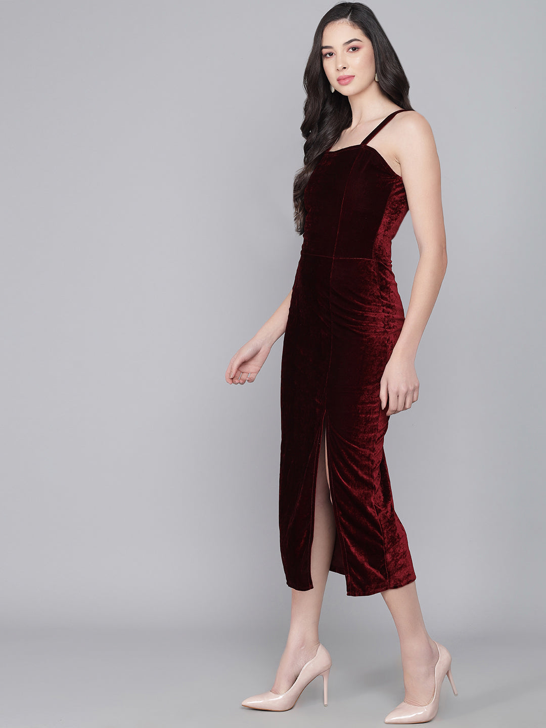 Maxi Sleeveless Velvet Square Neck Bodycon Dress Sporty Maroon