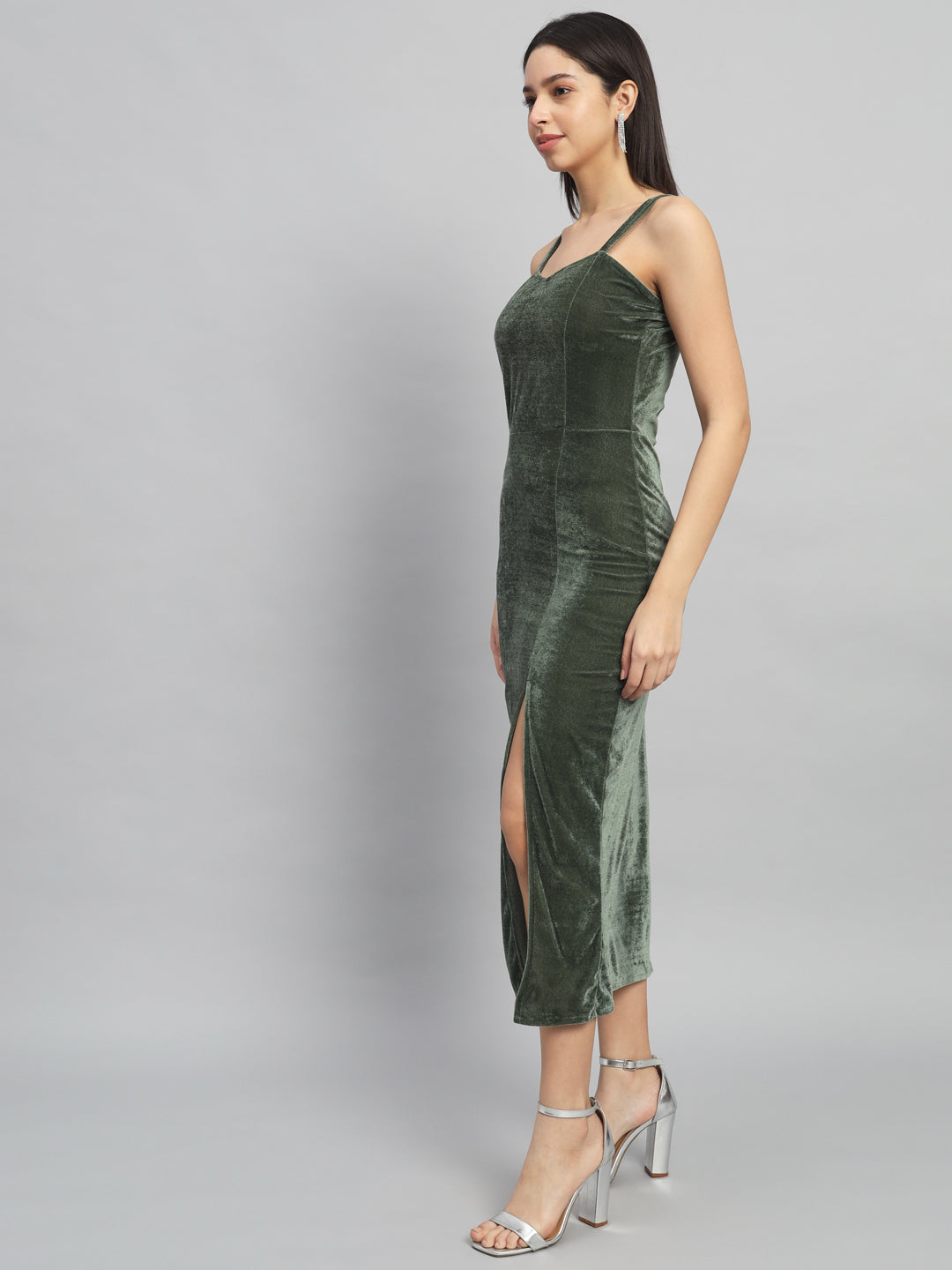 Maxi Sleeveless Velvet Square Neck Bodycon Dress Dark Olive Green