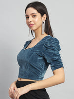 Puff Sleeves Velvet Blouse Tops Dark Teal