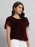 Short Sleeves Ruffles Stylish Party Top Sporty Maroon