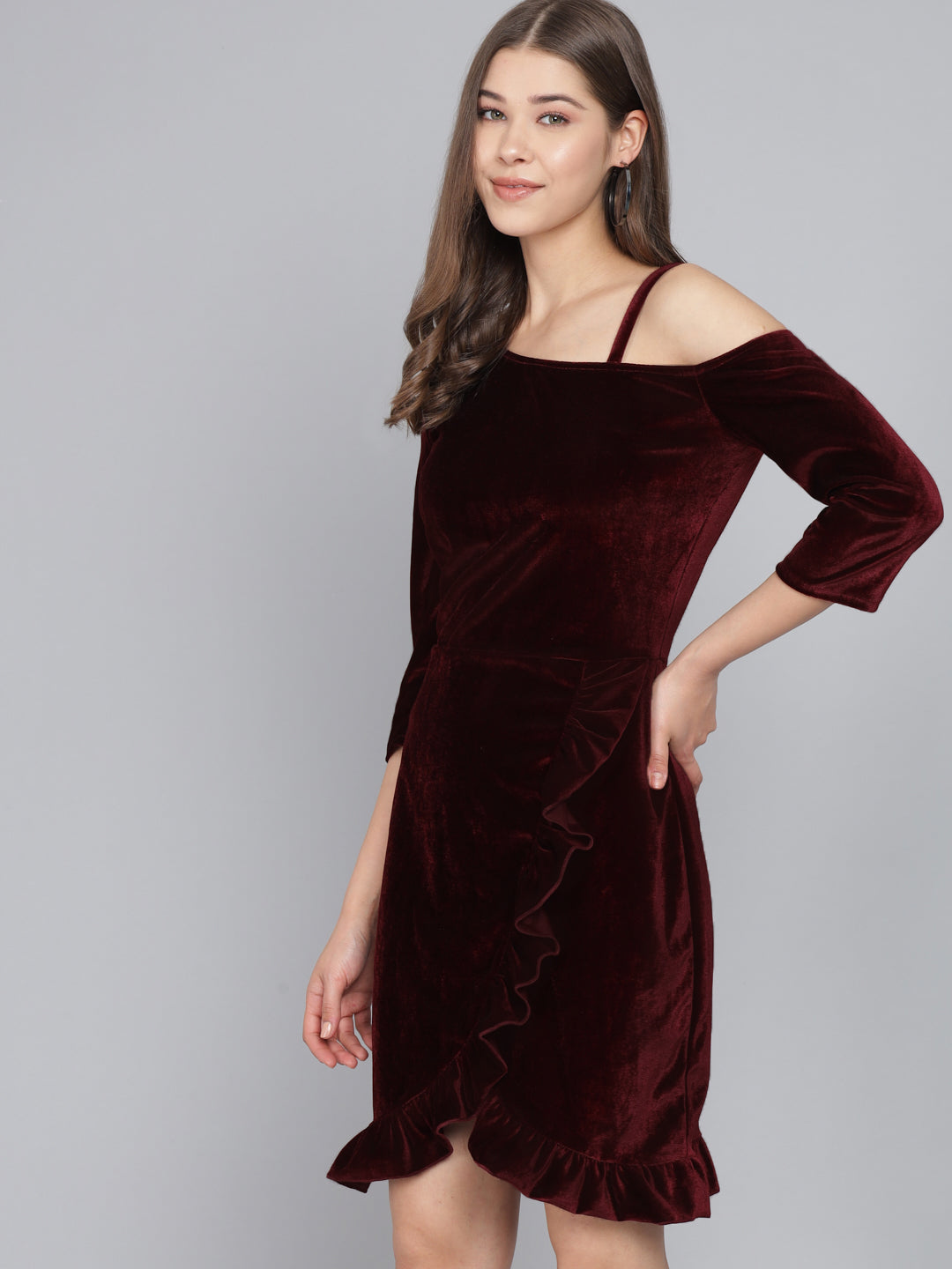 One Shoulder Bodycon Half sleeves Party Dress Dark Maroon