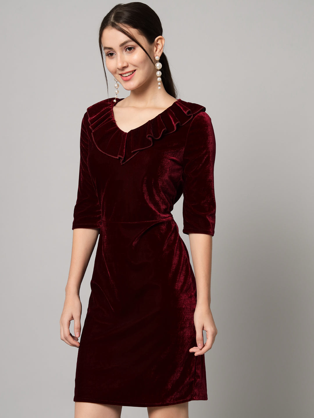 Half Sleeves Above Knee Party Dress Maroon