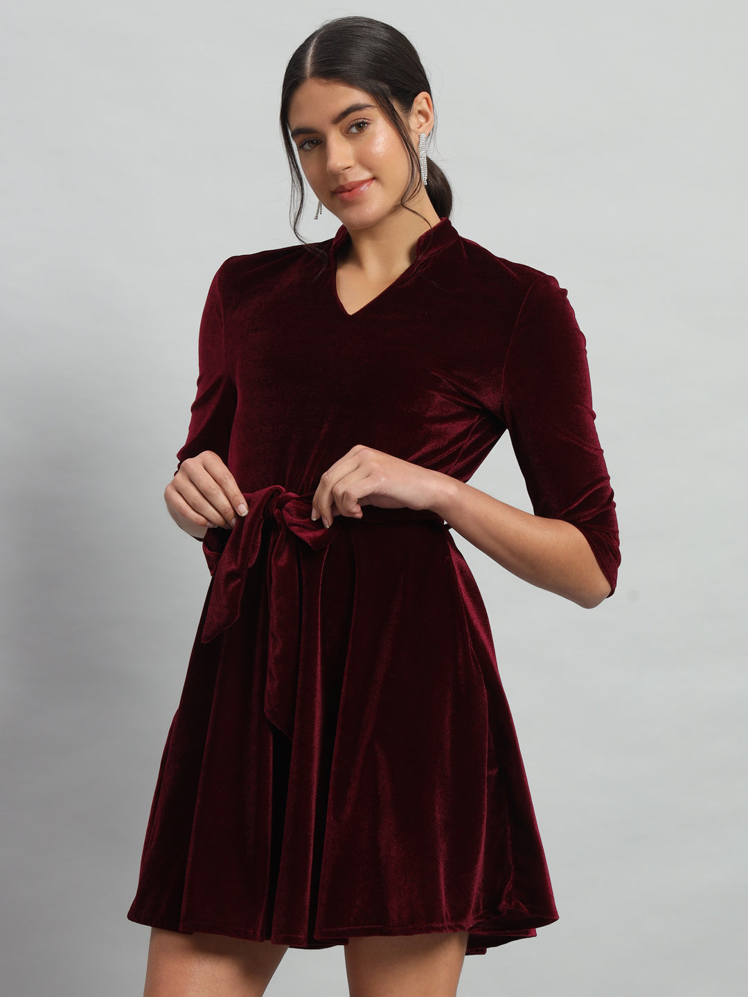 A-Line Quarter Sleeves V-Neck Party Dress Sporty Maroon