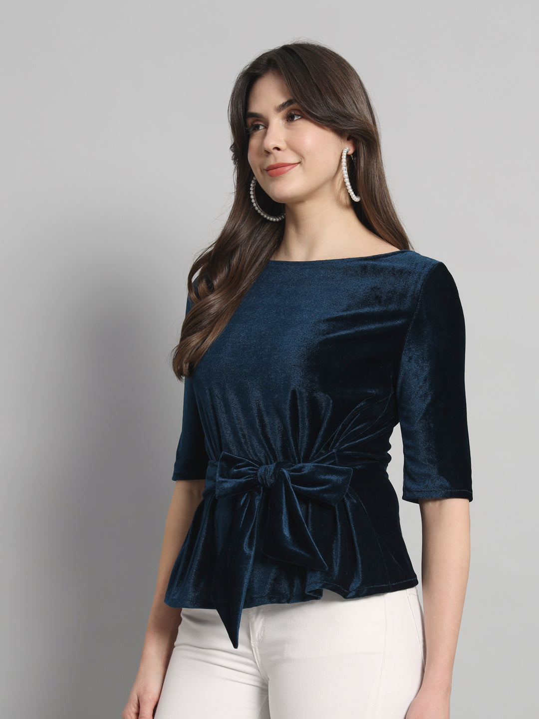 Half Sleeeves Front Tie Waistband Party Top Peacock Blue