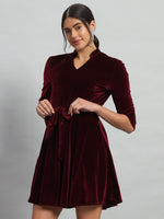 A-Line Quarter Sleeves V-Neck Party Dress Maroon