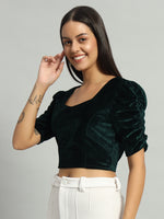 Puff Sleeves Velvet Blouse Tops Dark Green