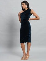 Back Slit Bodycon Party Dress One Shoulder Peacock blue