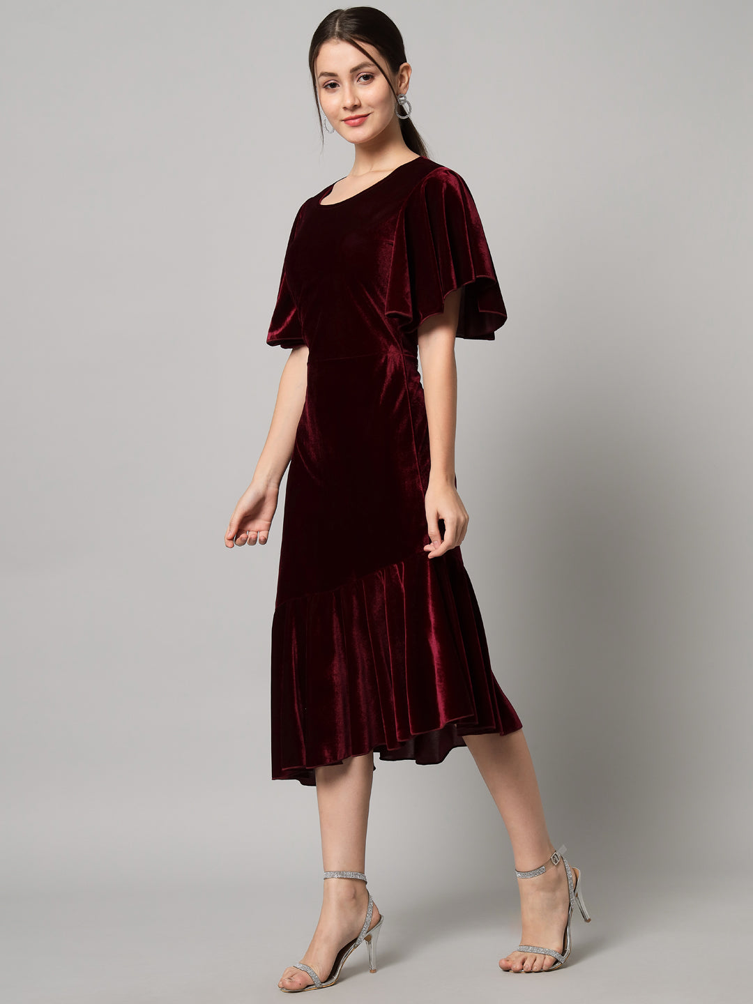 Velvet Fabric Fish Cut Ruffle Bottom Bodycon Party Midi Dress Maroon