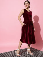 A-Line Velvet V-Neck Tops Sleeveless Party Dress Wine