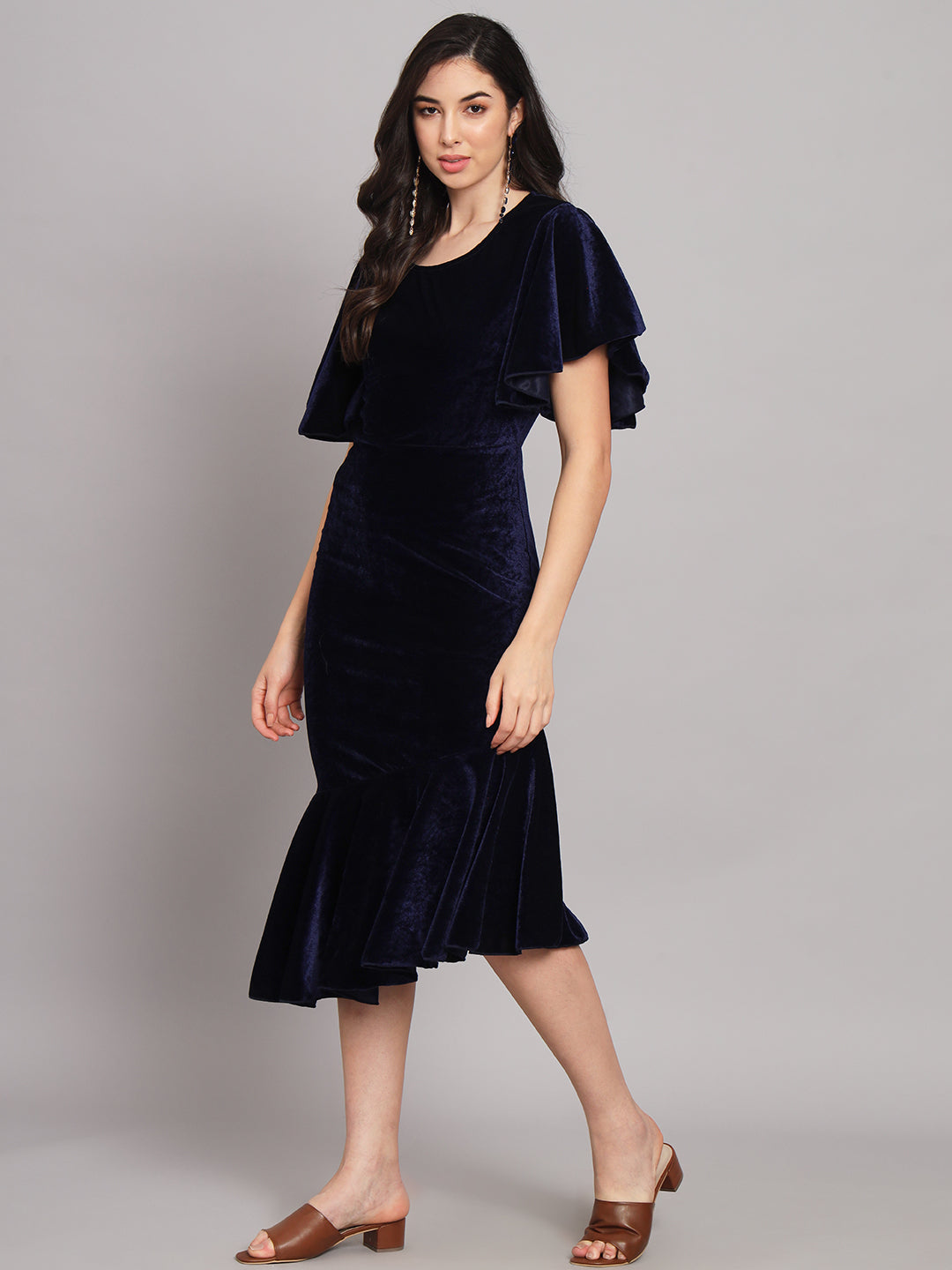 Velvet Fabric Fish Cut Ruffle Bottom Bodycon Party Midi Dress Peacock Blue