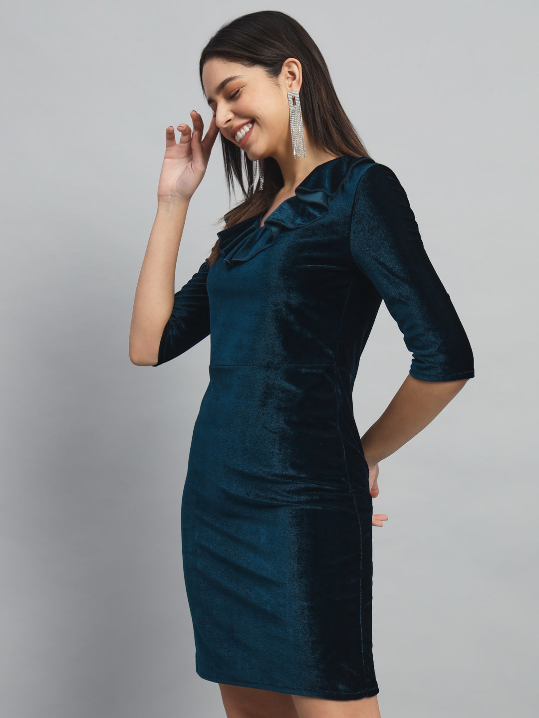 Half Sleeves Above Knee Party Dress Peacock Blue