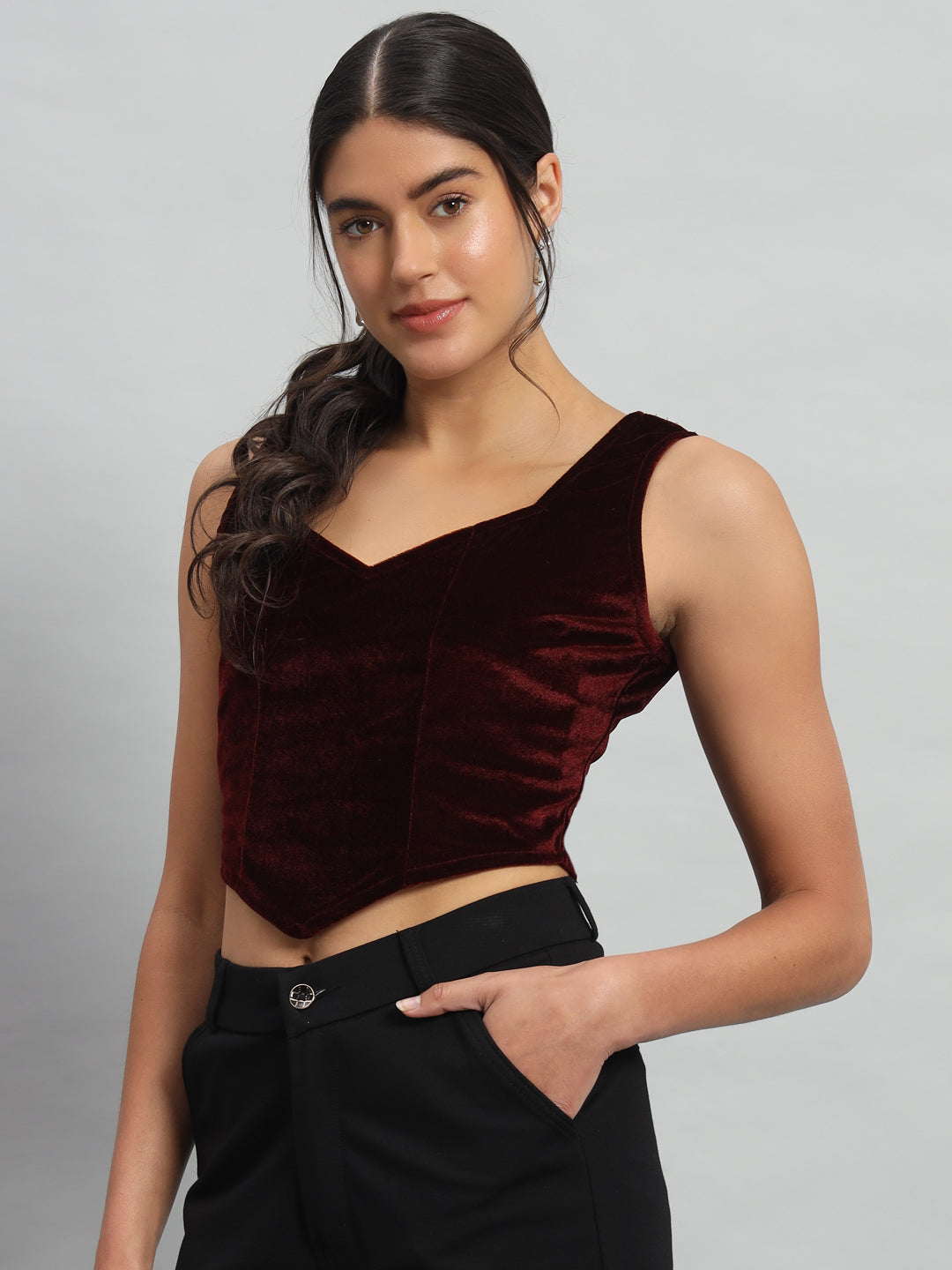 Velvet Sleeveless Readymade Party Blouse Maroon