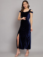 Maxi Style Cold Shoulder Bodycon Party Dress Navy Blue