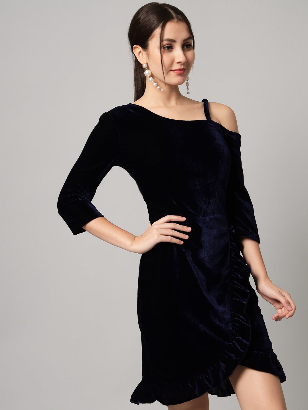 One Shoulder Bodycon Half sleeves Party Dress Navy Blue