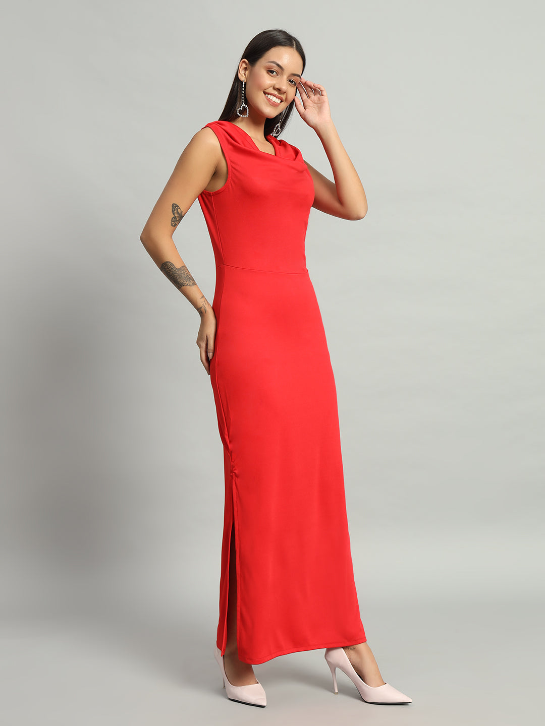 Lycra Cowl Neck Bodycon Maxi Sleeveless Party Dress Scarlet Red