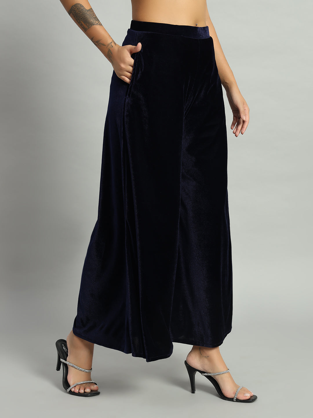 Women Velvet Wide Leg Palazzos Navy Blue