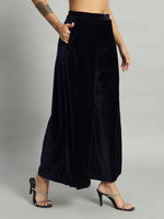 Women Velvet Wide Leg Palazzos Navy Blue