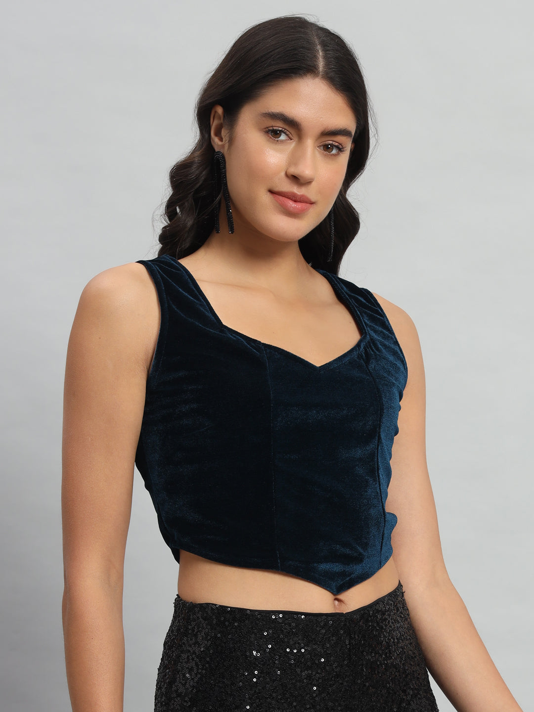 Velvet Sleeveless Readymade Party Blouse Peacock Blue