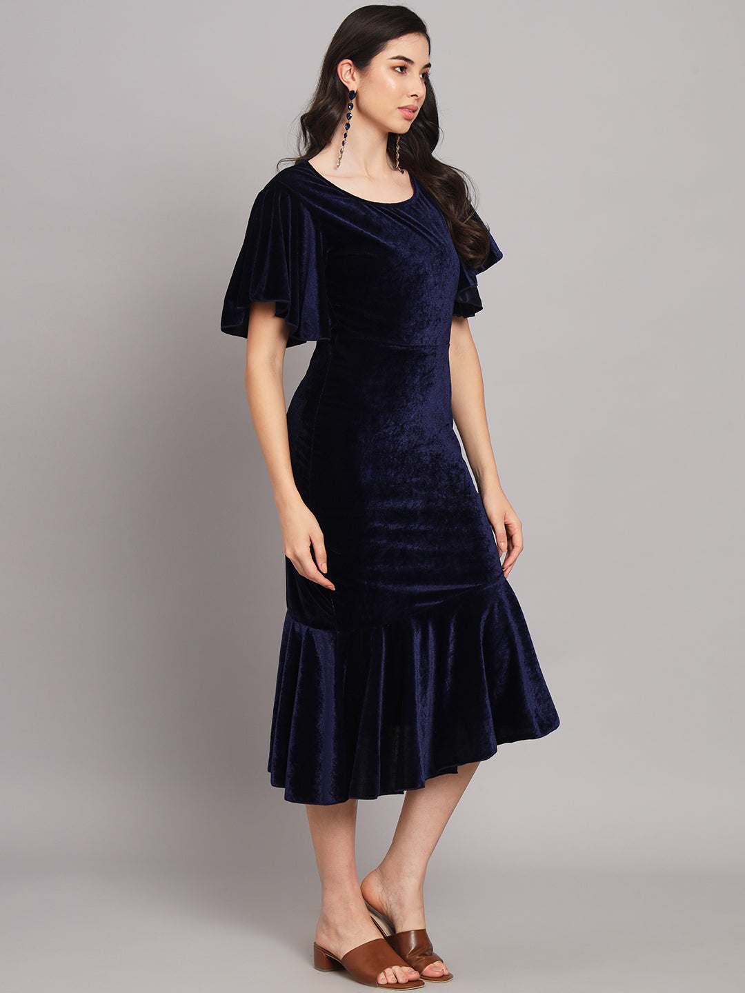 Velvet Fabric Fish Cut Ruffle Bottom Bodycon Party Midi Dress Peacock Blue