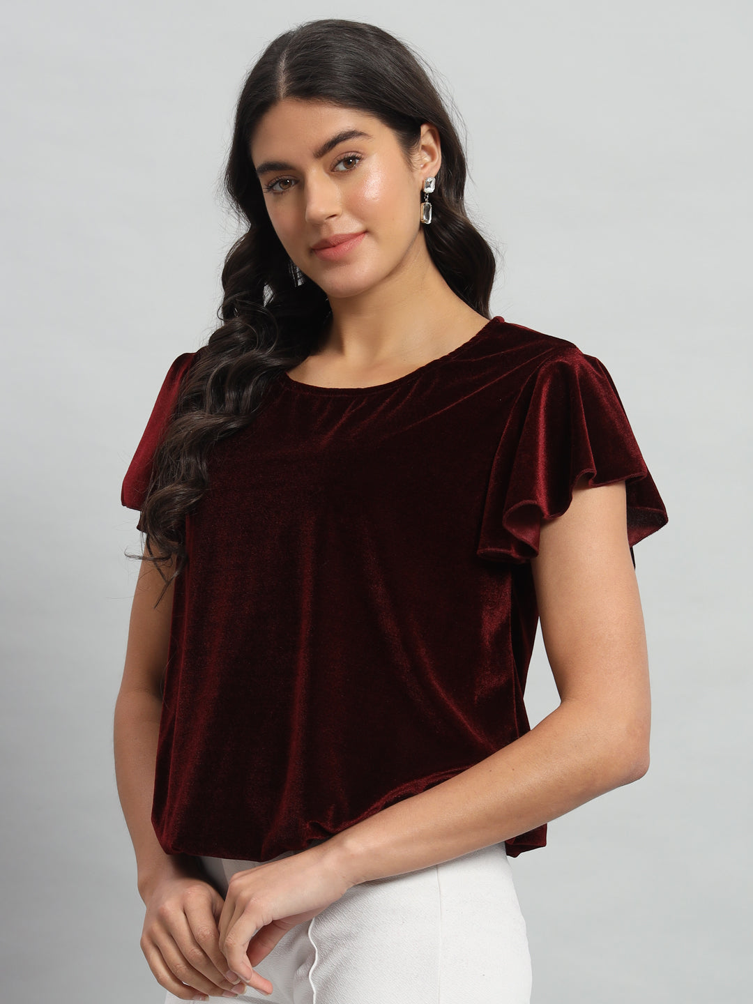 Short Sleeves Ruffles Stylish Party Top Maroon