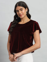 Short Sleeves Ruffles Stylish Party Top Maroon