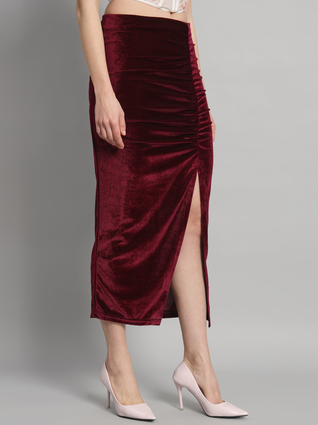 Ankle Length Long Ruched Party Skirt Maroon