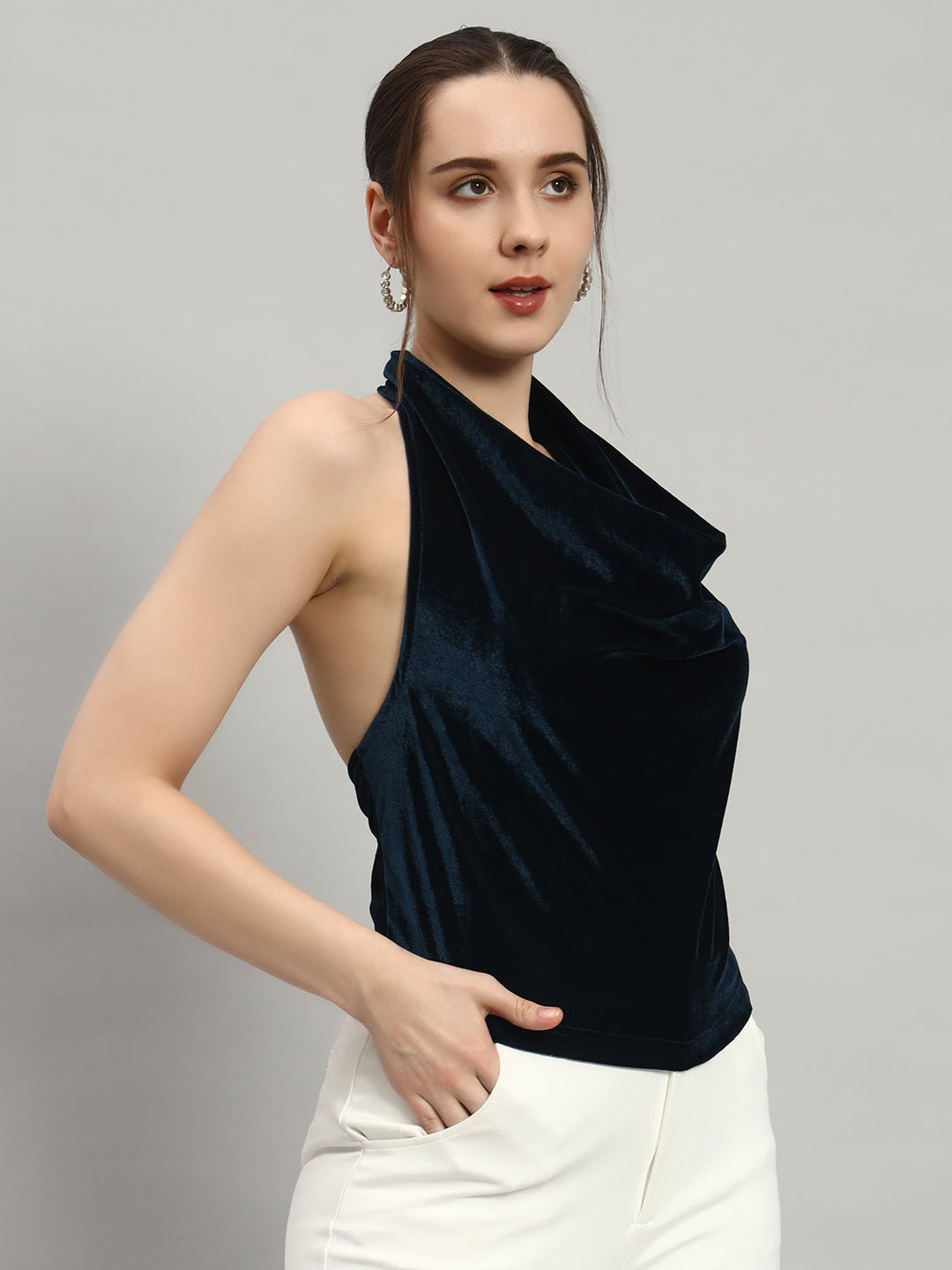 Halter Neck Top Velvet Sleeveless Party Outfit Black